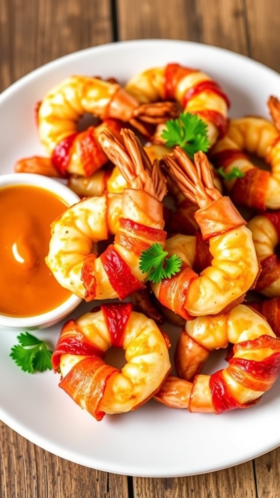 Crispy Air Fryer Bacon-Wrapped Shrimp Recipe Crispy bacon-wrapped shrimp on a plate with dipping sauce and parsley garnish.